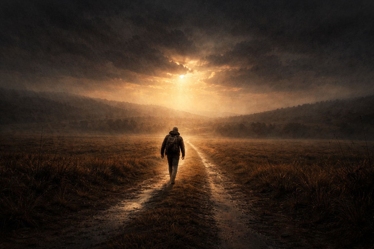 A figure walks forward on a narrow road as golden light breaks through clouds on the horizon, symbolizing the journey of faithful obedience into understanding.